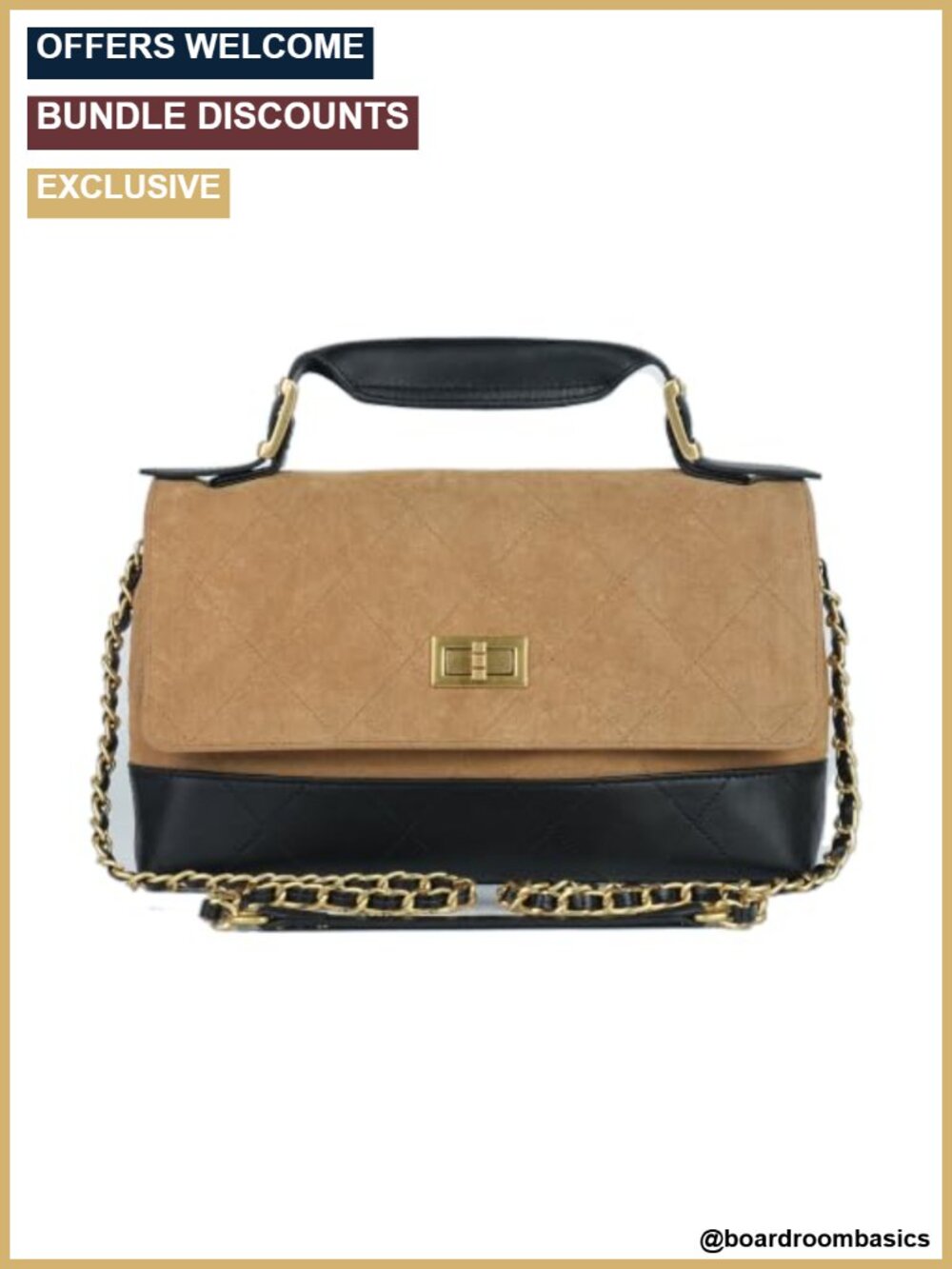 Quilted Leather & Suede Shoulder Bag with Turn-Lock Flap